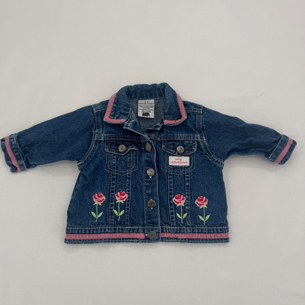 Little Arizona Baby Girls Vintage Denim Jacket Rose Embroidery Size 6-9 Months
